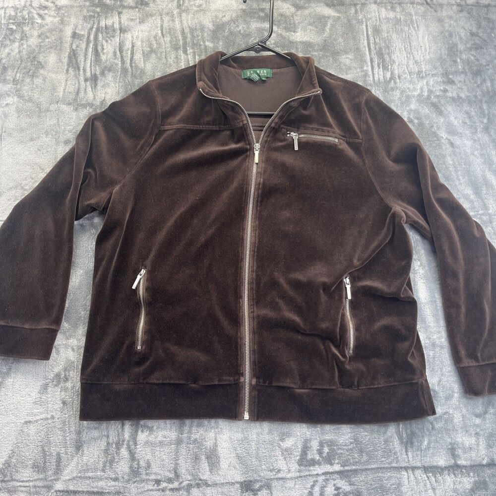 Lauren Ralph Lauren Track Jacket Womens 1X Velvet Full Zip Brown Pockets